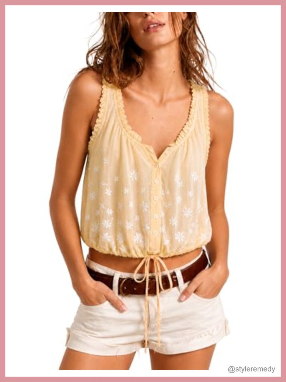 Womens Boho Embroidered Tank Top Button Down Cami Cotton Voile Crop Top
